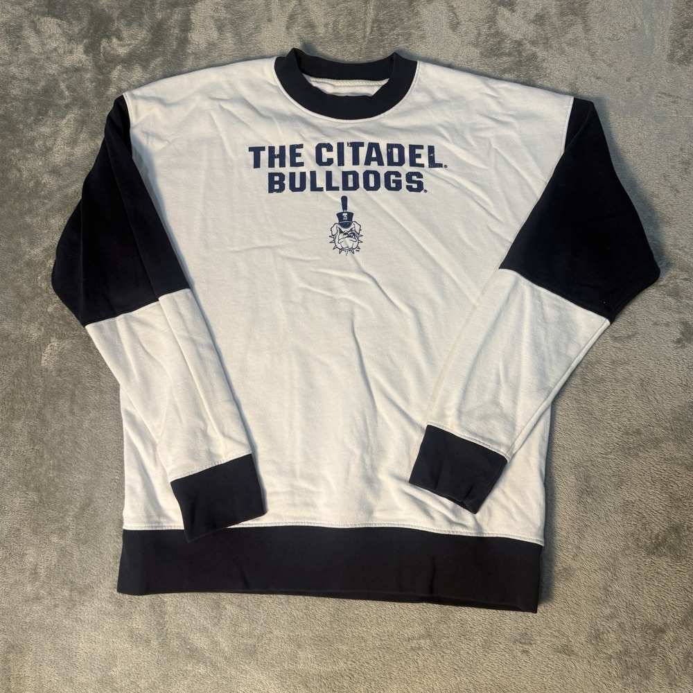 The Citadel Bulldogs Sweatshirt White Navy Blue Crew Neck Pullover Men's Large